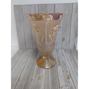 Vintage Jeanette Glass Iris and Herringbone Marigold 9" Vase Ruffled Edge